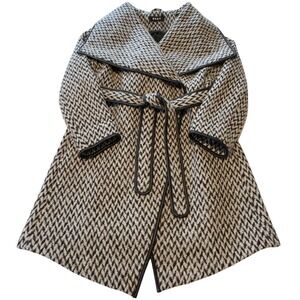 DKNY Women's Black White Chevron Wool Blend Wrap Coat Shawl Collar Large Classy